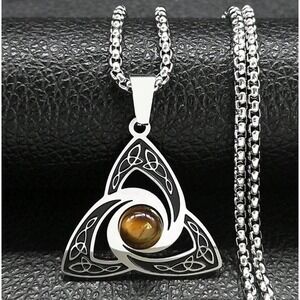 Irish Celtic Trinity Knot Power Necklace Tiger Eye Stone Stainless Steel‎ Chain